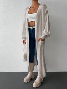 EURMUSE Cárdigan de manga larga oversized para mujer con bolsillos grandes, color liso - Albaricoque - Ver 2