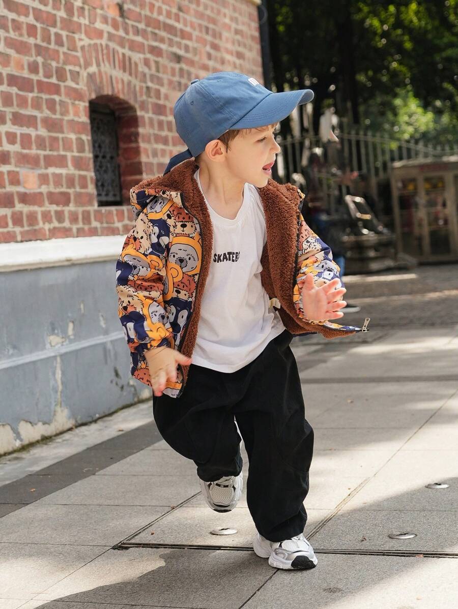 SHEIN Áo khoác có mũ trùm đầu in hình chú chó dễ thương cổ điển thường ngày cho bé trai, thích hợp cho bé trai từ 4-7 tuổi mặc vào mùa thu, xuân và đông, cho hoạt động ngoài trời và đi học - Màu vàng - Xem 1