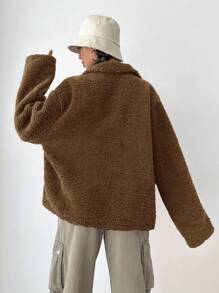 EURMUSE Teddy Fleece Jacket With Turn-down Collar, Diagonal Pockets And Zipper - Camel - View 2