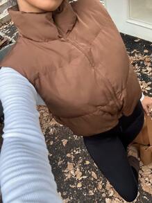 SHEIN EZwear Women's Solid Color Zip Front Casual Vest Jacket, Winter - Chocolate Brown - View 3