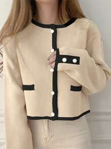 DAZY Women's Color Block Crew Neck Fitted Cardigan For Autumn,Fall Women Clothes - White - View 3