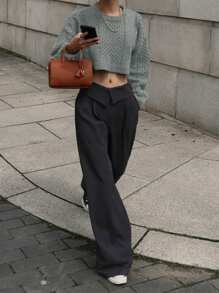 DAZY Áo len ngắn dệt kim cáp thường ngày cho nữ, mùa thu - Xám - Xem 3