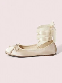 CUCCOO DOLLMOD 女士时尚芭蕾平底鞋圆头蝴蝶结系带休闲平底鞋新年假期 - 杏色 - 查看 1