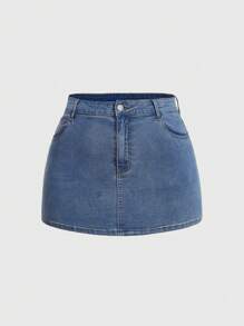 SHEIN MOD Váy mini denim lót nhiệt dày cỡ lớn, ôm sát gợi cảm ngọt ngào, thắt nơ, xanh lam - Màu xanh lam - Xem 2