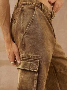 HIMLAND Men Premium Cotton Denim Cargo Loose Straight Leg Jeans