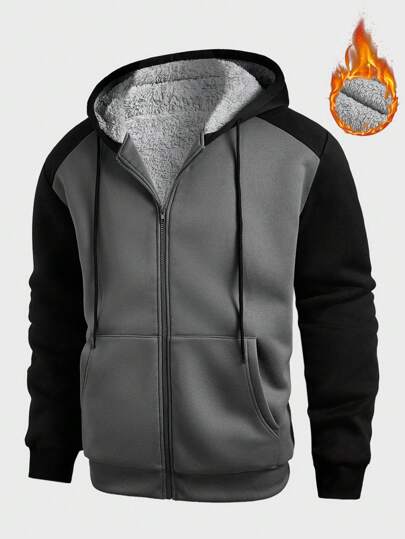 Manfinity Homme Plus Size Men's Contrast Color Zip-Up Drawstring Hooded Sweatshirt, Casual And Warm For Autumn/Winter Going Out Zipper Graphic Long Sleeve Color Block Dark Grey Hoodie, For Friends, Husband, Boyfriend Gifts