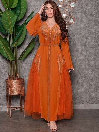 橙色长袖水钻网眼女士朴素连衣裙、奢华派对阿拉伯长袍、卡夫坦朴素连衣裙
