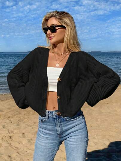 EURMUSE Solid Button Front Bishop Sleeve Cardigan