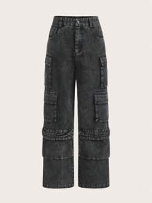 SHEIN EZwear Washed Black Denim Multi-Pocket Cargo Wide Leg Jeans