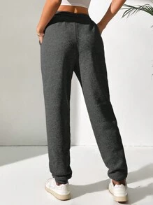 SHEIN Tall 女士纯色前系带口袋简约休闲运动裤 - 深灰色 - 查看 2