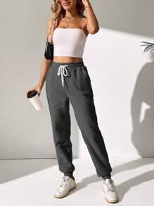 SHEIN Tall 女士纯色前系带口袋简约休闲运动裤 - 深灰色 - 查看 5