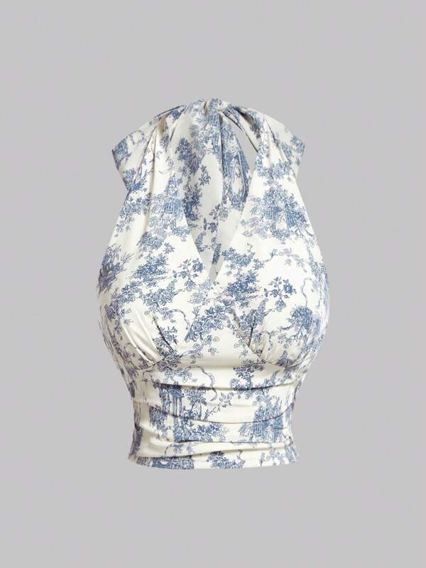 SHEIN MOD Plus Size Women's Vintage Blue And White Porcelain Printed  Top