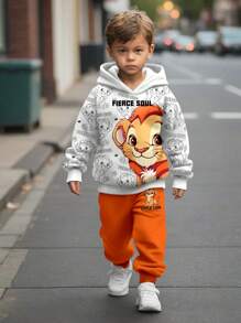 SHEIN Leap Crew 2 件套卡通狮子印花休闲宽松套头连帽衫男童运动衫，适合秋冬季 - 彩色 - 查看 1