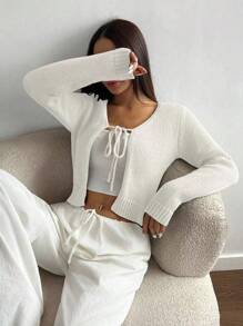 Flirla Áo len cardigan ngắn màu trơn thời trang giản dị dành cho nữ - trắng - Xem 3