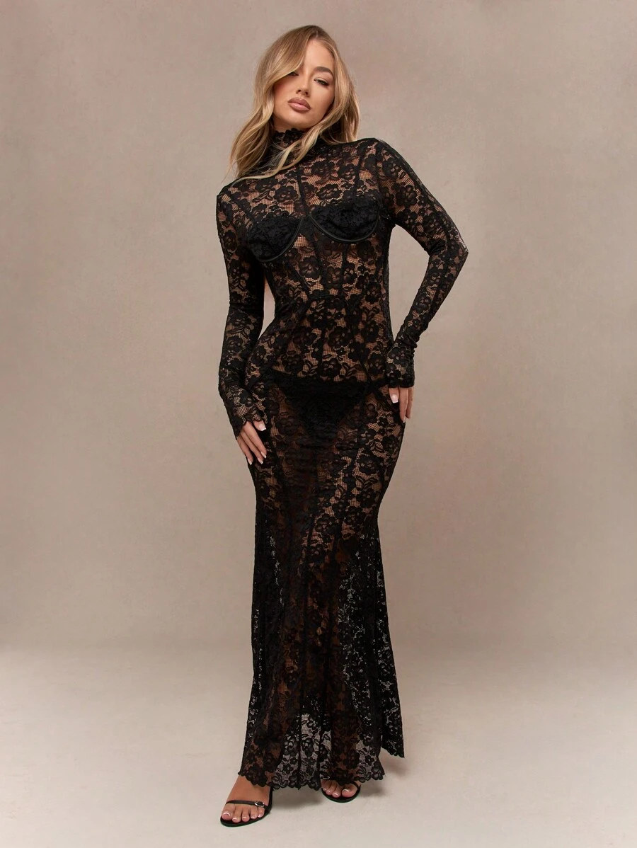 MISSGUIDED Sheer Lace BUst Detail Long Sleeves Flare Hem Maxi Dress MISSGUIDED