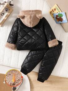 Conjunto de 2 piezas de ropa cálida y gruesa para bebé niño/niña para otoño/invierno, con chaqueta con capucha de forro polar y pantalones deportivos gruesos, estilo coreano, a prueba de viento, suave y acogedor para la temporada fría
