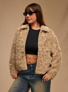 Forever 21 Plus Size Fluffy Women's Fluffy Zip-Up Warm Coat, Autumn And Winter - Camel - View 1
