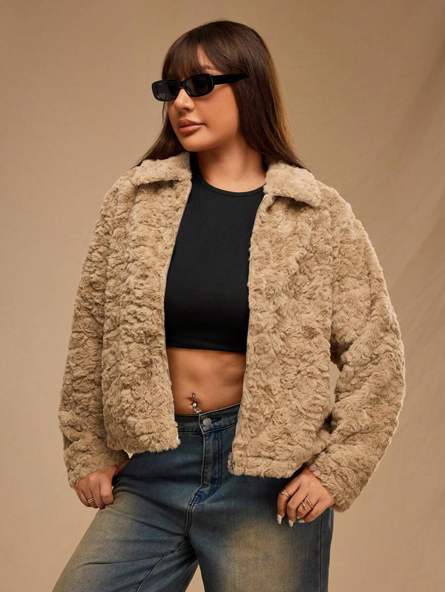 Forever 21 Plus Size Fluffy Women's Fluffy Zip-Up Warm Coat, Autumn And Winter - Camel - View 1
