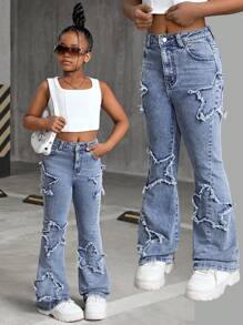 SHEIN Jeans acampanados de denim con patrón de estrellas lavado a piedra y deshilachados para niñas preadolescentes, conjunto de ropa de otoño y atuendos de homecoming para niñas preadolescentes