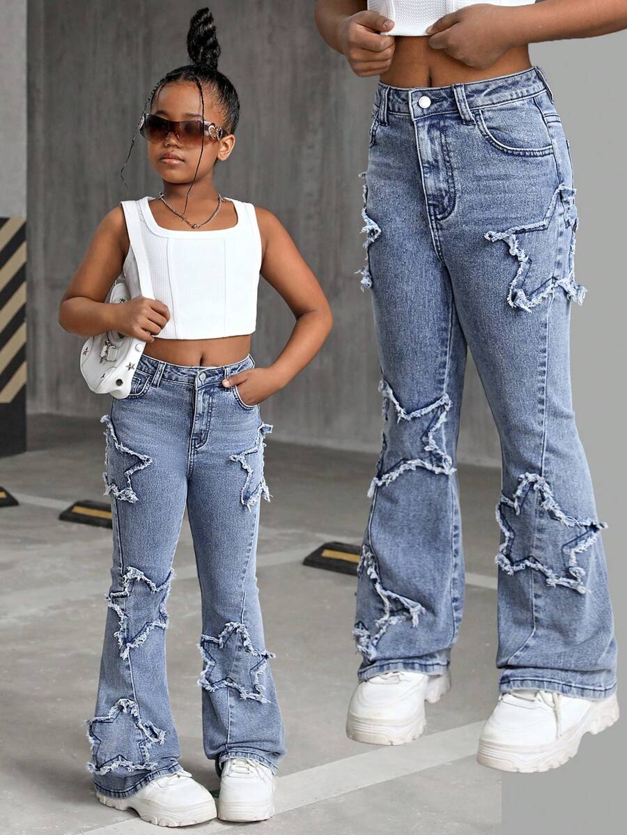 SHEIN Jeans acampanados de denim con patrón de estrellas lavado a piedra y deshilachados para niñas preadolescentes, conjunto de ropa de otoño y atuendos de homecoming para niñas preadolescentes