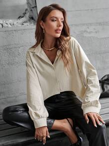 SHEIN Clasi Blusa de manga larga con diseño de lazo en la espalda, talla grande larga por detrás - Caqui - Ver 5