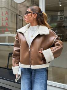 EURMUSE Motorcycle Jacket With Teddy Lining, Zipper, PU Leather - Camel - View 5