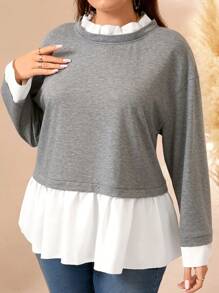 大码女式春秋两件套蝙蝠袖荷叶边下摆上衣