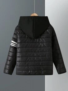 男童撞色条纹连帽羽绒服，冬季 - 黑色 - 查看 2