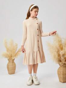 SHEIN Tween Girl 休闲罗纹高领拼布荷叶边下摆纽扣装饰中长连衣裙，杏色 - 适合居家、户外和学校穿着 - 杏色 - 查看 6