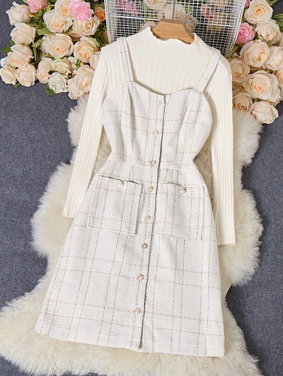 Chiquease 女士优雅格子吊带连衣裙，秋季 - 白色 - 查看 1