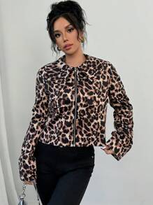 SHEIN Privé Chaqueta abotonada con manga larga, cuello vuelto y estampado de leopardo retro de moda casual para mujer, otoño/invierno - Multicolor - Ver 5