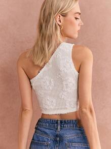 Poéselle Women Apricot Three-Dimensional Flower Crochet Top Fashion Solid Color Jacquard Asymmetric Neck Sleeveless Cropped Top FW24 Fall Clothes Slanted Shoulder Vest Women Corset Tops Fall Women Clothes Fall Tops Women Vest - Apricot - View 6
