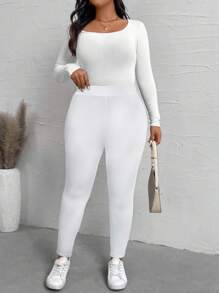 Calvaya Plus Size Women's Solid Color Simple Everyday Thermal Leggings Fall Cloth For Women - Black - View 8