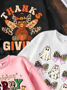 SHEIN Leap Crew 3 件套年轻女孩厚实保暖万圣节、圣诞节、感恩节假期图案运动衫，印有姜饼人、圣诞老人、幽灵、蝴蝶结、火鸡和南瓜图案，适合秋冬季 - 彩色 - 查看 4