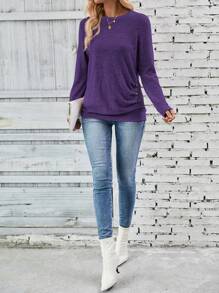 SHEIN LUNE 女式纯色圆领长袖褶皱纽扣设计休闲 T 恤，秋季 - 紫色 - 查看 5
