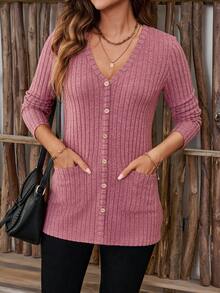 EMERY ROSE Áo thun nữ tay dài cổ chữ V màu trơn, túi có gân, thường ngày, mùa thu - Hồng - Xem 4