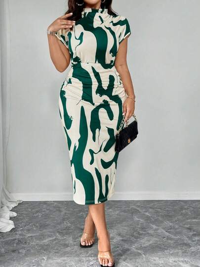 Elenzga Plus Size Summer Casual Colorblock Allover Print Batwing Sleeve Ruched Midja Klänning Maxi Dam Outfit