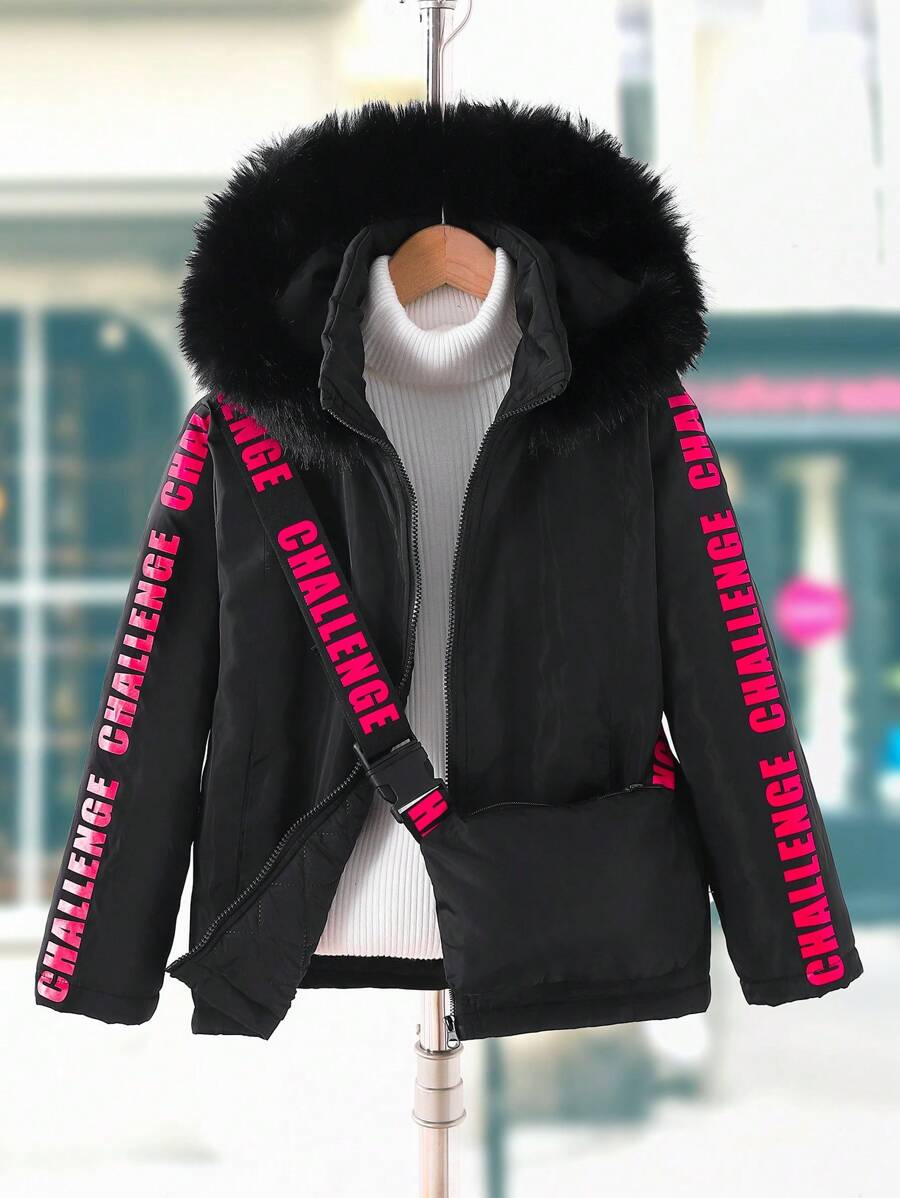 Tween Girls Black Hooded Padded Coat With Fluffy Collar & Sling Bag, Outdoor Winter Warm Coat - Black - View 1