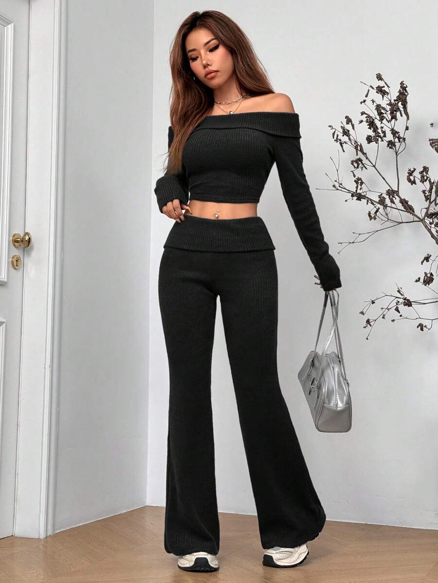 SHEIN EZwear 2件組女款純色露肩長袖簡約上衣與長褲休閒性感套裝,黑色,適合夜店、夜晚外出,秋季女裝套裝 - 黑色 - 查看 1