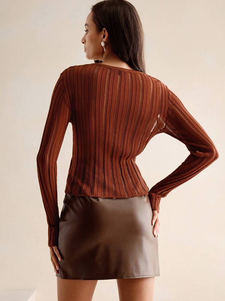 Maillard Color Casual Sexy Elegant Minimalist Basic Round Neck Long Sleeve Sweater, Hollow Out Lacy Textured Design With Full Body Rhinestone Glittering Knit Pullover Fall Winter