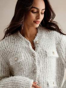 Anewsta 优雅圆领羽毛网眼风格圣诞仿珍珠链装饰针织短开衫 - 白色 - 查看 2