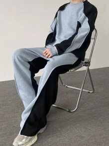 Manfinity Hypemode Conjunto casual de 2 piezas para hombre: sudadera de manga larga y pantalón con cordón en la cintura, en bloques de color, para otoño