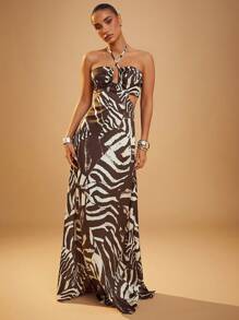 Hauture 正面镂空交叉挂脖露背连衣裙