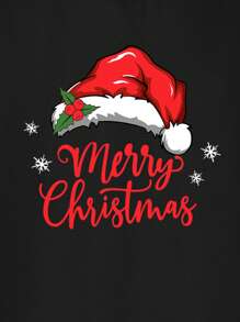 Manfinity Homme Fashionable Casual Christmas Santa Hat & Letter Print Couple Style Black Crew Neck T-Shirt For Men - Black - View 2