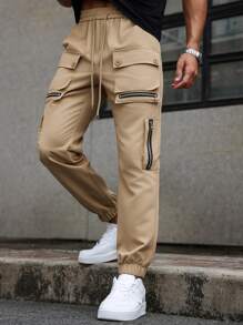 Manfinity LEGND Pantalones cargo casuales para hombre con diseño de cremallera, múltiples bolsillos y bajo con puño, pantalones cargo, ropa de hombre para otoño - Caqui - Ver 6