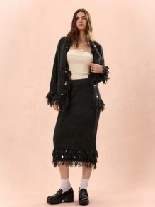 Enchnt Women's Elegant Gray Long Sweater Skirt With Shiny Sequins And Tassels, Fashionable Autumn And Winter Sweaters, Fall Women Outfits, Autumn And Winter - Grey - View 1