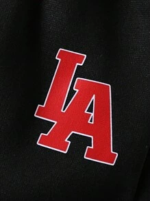 SHEIN 男婴春秋装，个性化图案印花连帽卫衣 + 舒适字母印花裤（无腰带），适合休闲家居和户外运动 - 黑色 - 查看 4