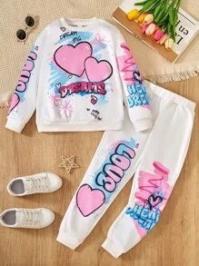 2 件 Tween Girl 女童心涂鸦运动衫和长裤休闲套装（大童） - 白色 - 查看 1