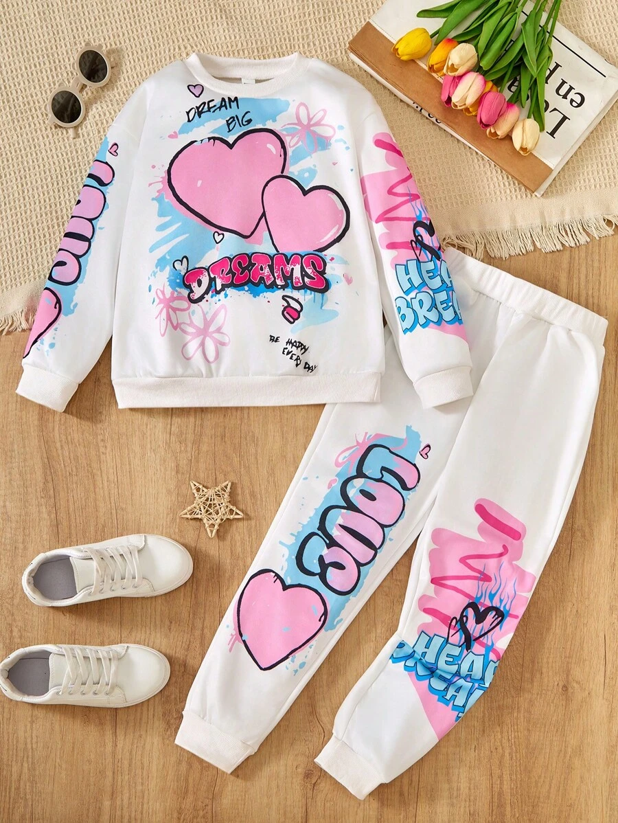 2 件 Tween Girl 女童心涂鸦运动衫和长裤休闲套装（大童） - 白色 - 查看 1