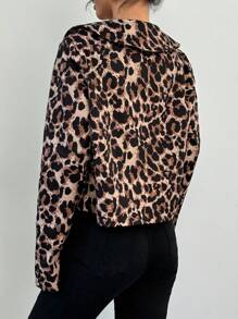 SHEIN Privé Chaqueta abotonada con manga larga, cuello vuelto y estampado de leopardo retro de moda casual para mujer, otoño/invierno - Multicolor - Ver 3
